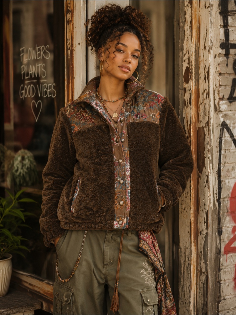 Love The Label Finley Sherpa Jacket Reversible Charlotte Floral Brown S Small - Picture 2 of 10